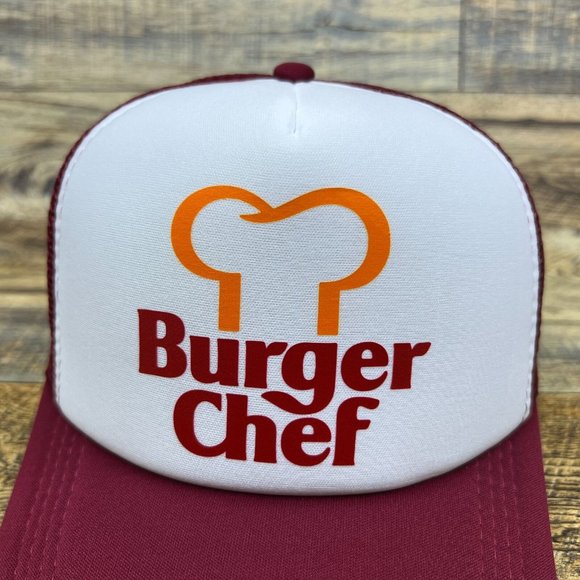 Defunct Burger Chef Mens Trucker Hat Maroon Snapback 1954 Logo Baseball Cap - Picture 3 of 8